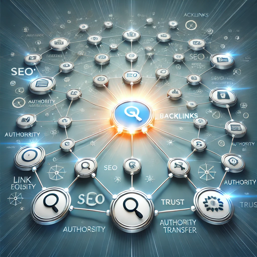 An infographic-style image illustrating backlinks in SEO with interconnected website icons linked by arrows, showcasing the flow of authority and trust. The design includes a glowing central website icon and a professional blue and white gradient background.