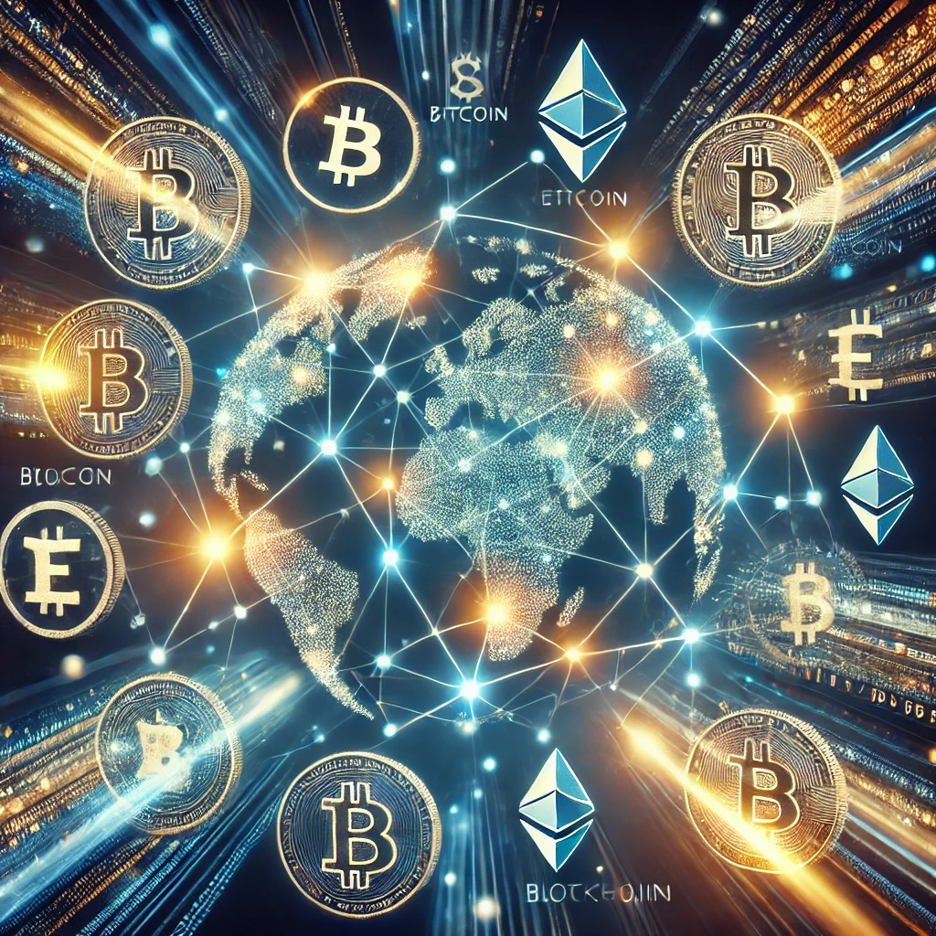 Conceptual image of blockchain technology enabling faster, secure cross-border payments with interconnected nodes, global currencies, and symbols of digital and fiat money.