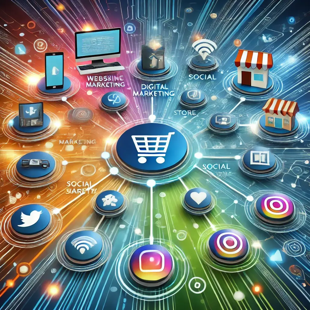 Illustration of omnichannel digital marketing showcasing interconnected touchpoints like websites, mobile apps, social media, emails, and physical stores, with dynamic lines symbolizing seamless customer journeys.