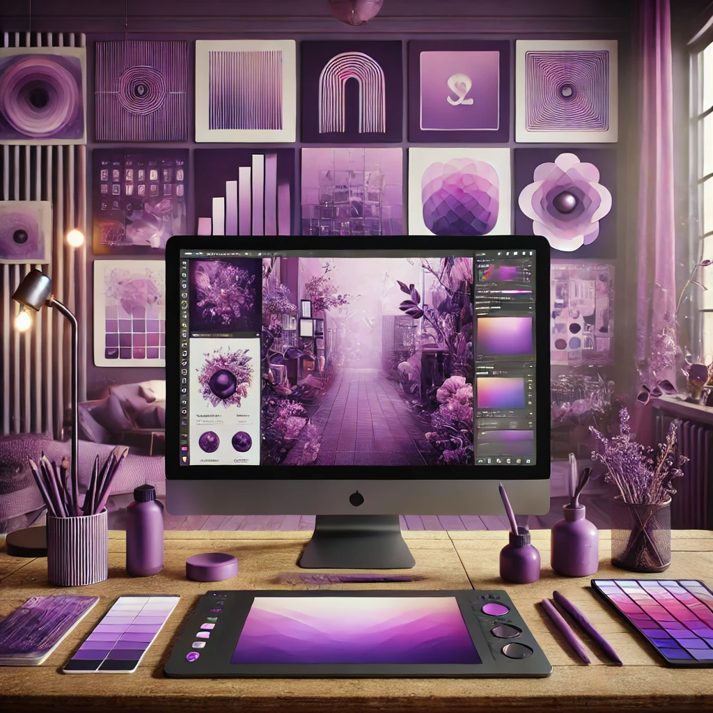 A creative digital workspace featuring purple color schemes, with a computer displaying a sleek purple-themed user interface design, surrounded by design tools, purple mood boards, and ambient lighting in a luxurious setting.