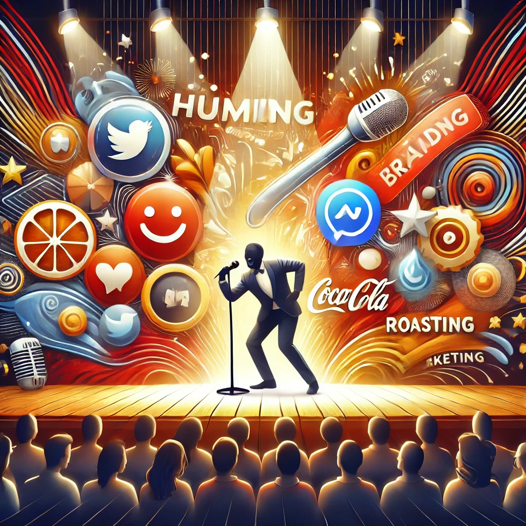 Image showing a person roasting brand infront of audience as a marketing and branding activity